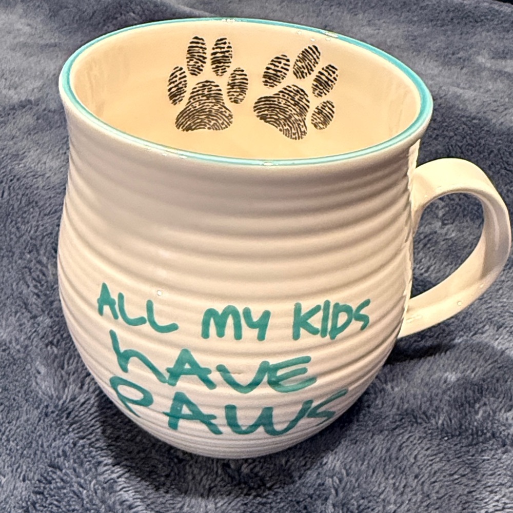 Off White Ceramic Paw Mug with Teal Script